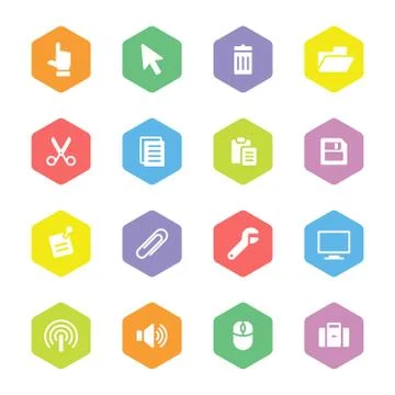Colorful flat computer and technology icon set on hexagon 스톡 일러스트