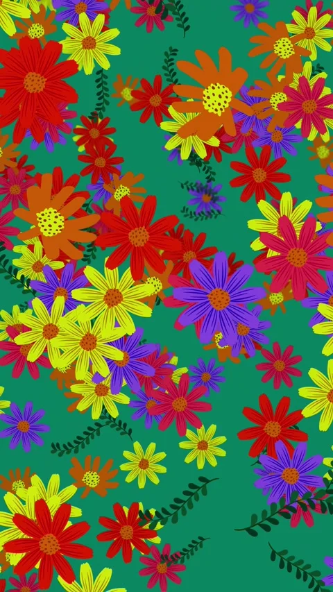 Colorful Flat Design Flowers Falling Downward Against a Teal Background Stock Footage 327846222