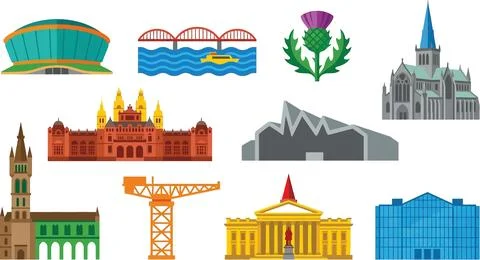 Colorful flat design illustrations of scottish landmarks and symbols, inclu.. Stock Illustration