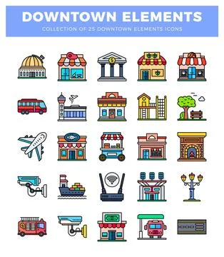 Colorful flat downtown city elements icons in a grid layout. 스톡 일러스트