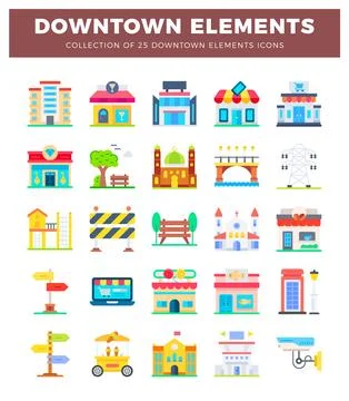 Colorful flat downtown element icons shown on white background. Stock Illustration