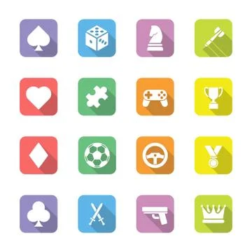 Colorful flat game icon set on rounded rectangle with shadow Stock Illustration
