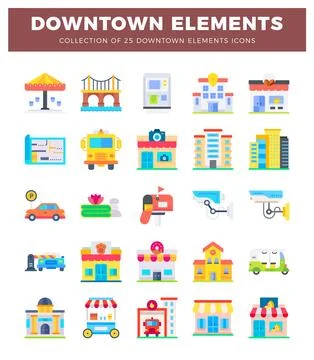 Colorful flat icon collection representing downtown city elements with vari.. 스톡 일러스트