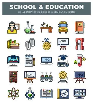 Colorful flat icon collection representing school and education Stock Illustration