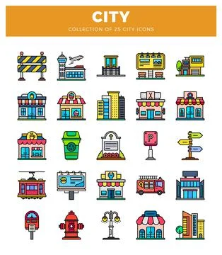 A colorful flat icon illustrations representing various city elements and s.. Illustrazione stock