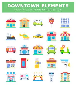 Colorful flat icon illustrations representing downtown urban elements and t.. 스톡 일러스트