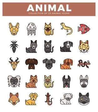 Colorful flat icon set of 25 diverse animals. Isolated collection on white .. Stock Illustration
