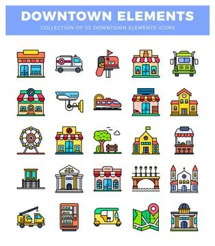 Colorful flat icon set of downtown elements. city buildings and transport. 库存插图