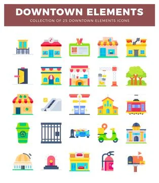 Colorful flat icon set of downtown buildings and elements Stock Illustration