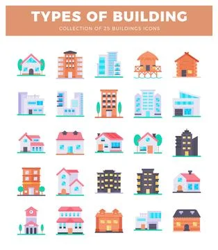Colorful flat icon set showcasing diverse building types with trees and sky. Illustrazione stock