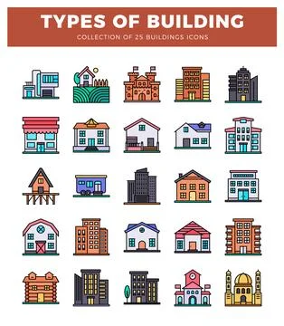 Colorful flat icons of 25 different building types on a white background. Ilustración de archivo