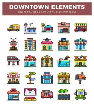 Colorful flat icons of city elements in a grid イラスト素材