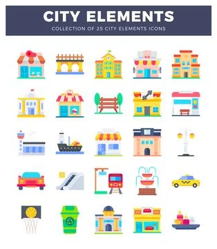 Colorful flat icons of city elements shown against a white background Illustrazione stock