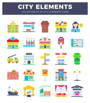 Colorful flat icons of city elements arranged in a grid. Stock Illustration