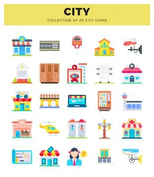 Colorful flat icons of city elements and buildings. city icons. Stock Illustration