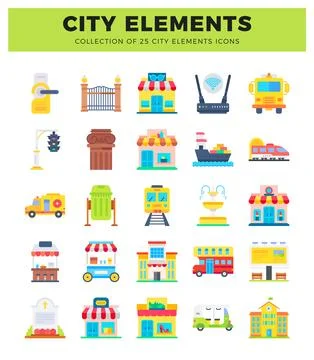Colorful flat icons of city elements featuring buildings. vehicles. and tra.. Illustrazione stock