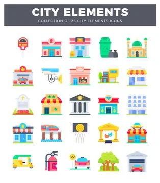 Colorful flat icons of city elements set on white background 스톡 일러스트