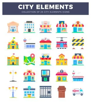 Colorful flat icons of city elements for graphic design Stock Illustration