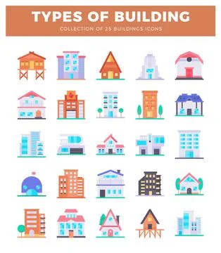 Colorful flat icons display various building types on a white background Ilustración de archivo