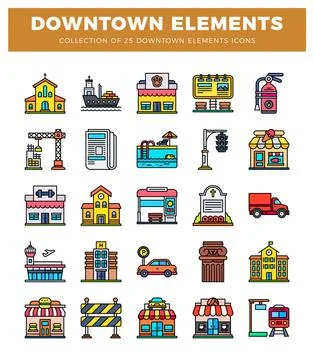 Colorful flat icons of downtown elements Stockillustratie