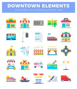 Colorful flat icons downtown elements shops. vehicles. infrastructure. and .. Stock Illustration