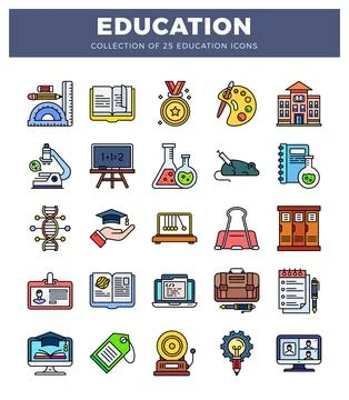Colorful flat icons of educational tools and symbols on white Stockillustratie