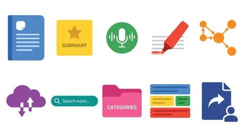 Colorful flat icons for note taking, summarization, and organization of inf.. Stockillustratie