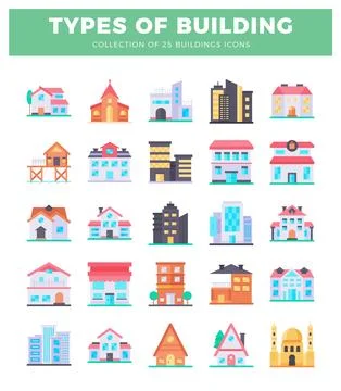 Colorful flat icons representing various building types in a grid layout. Ilustração Stock