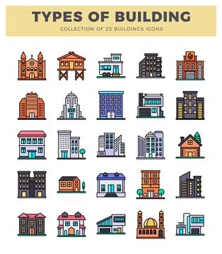 A colorful flat icons representing various types of buildings and architect.. Ilustración de archivo