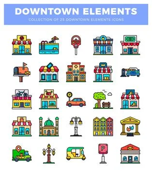 Colorful flat icons of urban elements arranged in a grid. 库存插图