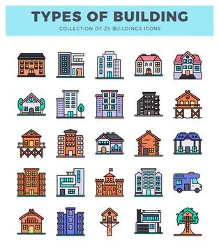 Colorful flat icons of various building types on a white background Ilustración de archivo