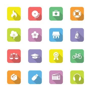 Colorful flat miscellaneous icon set on rounded rectangle with long shadow 스톡 일러스트