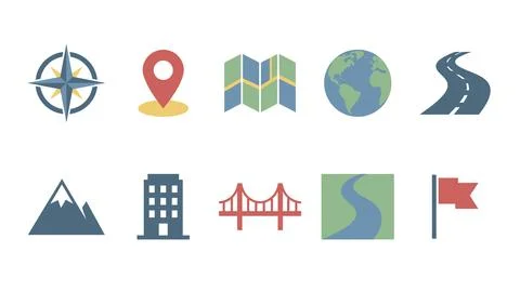 Colorful flat navigation and map icons for travel and tourism apps. Illustrazione stock