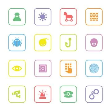 Colorful flat security icon set with rounded rectangle frame Stock Illustration