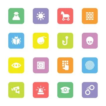 Colorful flat security icon set on rounded rectangle Stock Illustration
