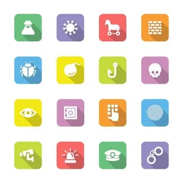Colorful flat security icon set on rounded rectangle with long shadow Stock Illustration