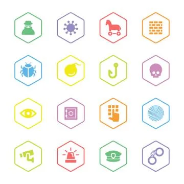 Colorful flat security icon set with hexagon frame Stock Illustration