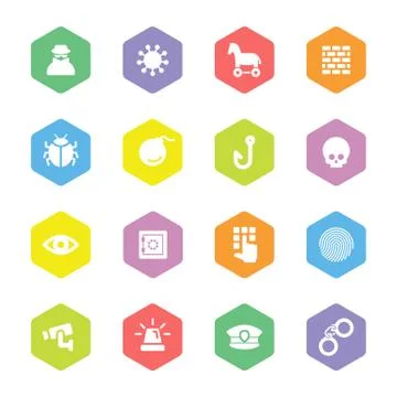 Colorful flat security icon set on hexagon Stock Illustration