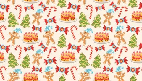 Colorful flat-style seamless pattern with sweet Christmas elements - cake, gi Stock Illustration