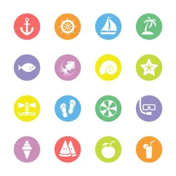 Colorful flat summer icon set on circle Stock Illustration