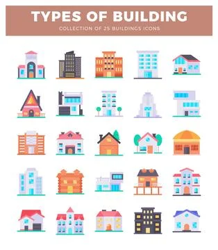 Colorful flat vector building icons collection representing diverse archite.. Ilustración de archivo