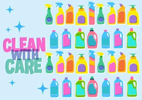 Colorful flat vector graphic of various sanitation bottles with clean with ca 스톡 일러스트
