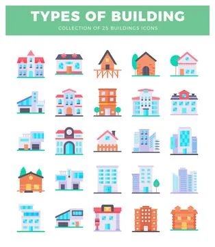 Colorful flat vector icons of 25 different building types. including houses.. Stock Illustration