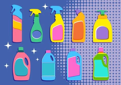 Colorful flat vector icons of detergent, spray bottles, and soap in risograph Stock Illustration