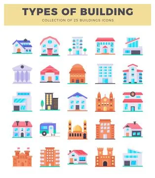 Colorful flat vector icons of diverse building types on a white background Stock Illustration