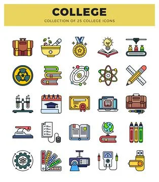 Colorful flat vector icons representing college education and learning Stock Illustration