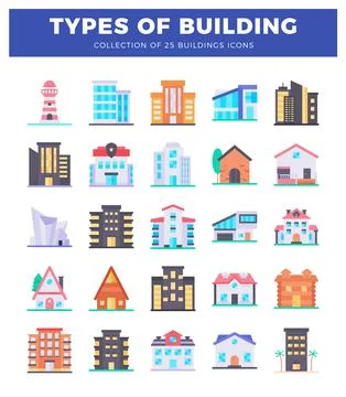 Colorful flat vector icons showcase a variety of building types and archite.. Illustrazione stock