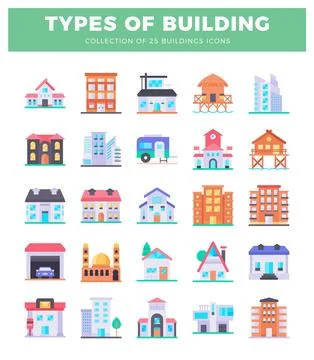 Colorful flat vector icons of various building types on a white background. Ilustración de archivo