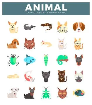 Colorful flat vector icons of various animals on white background Stock Illustration