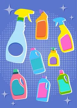 Colorful flat vector illustration of detergent bottles and sprayers in a vint Stock Illustration
